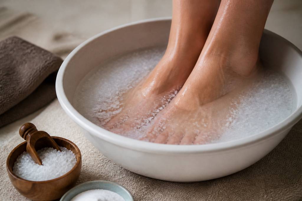 Bain de pied au gros sel et bicarbonate pour détendre et soulager les pieds